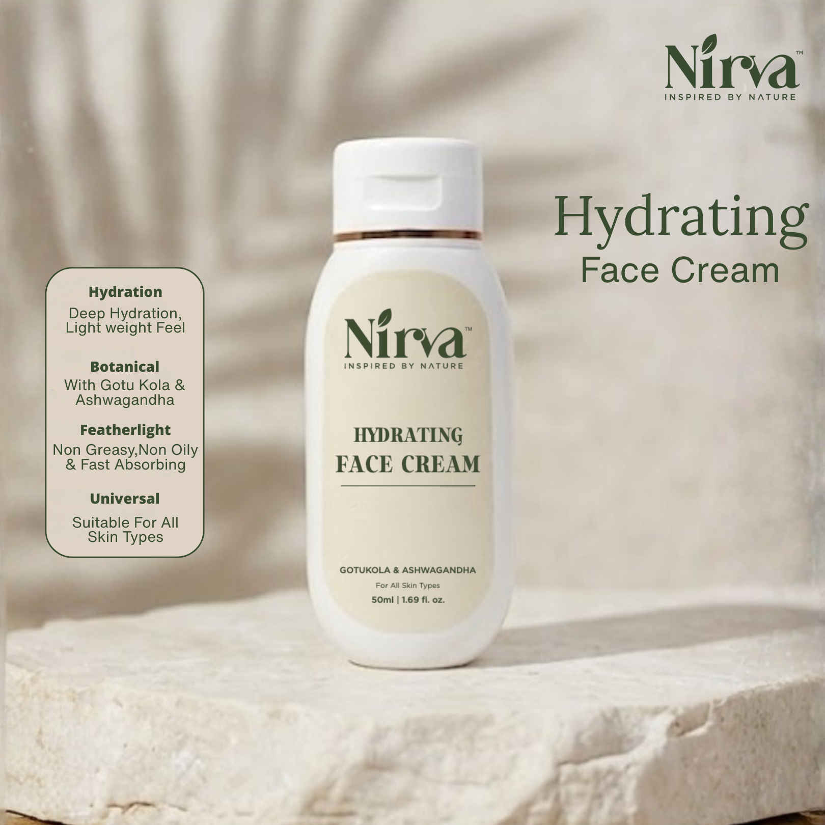 Nirva Hydrating Face Cream with Gotu Kola & Ashwagandha – Lightweight Moisturizer for All Skin Types (50 ml)